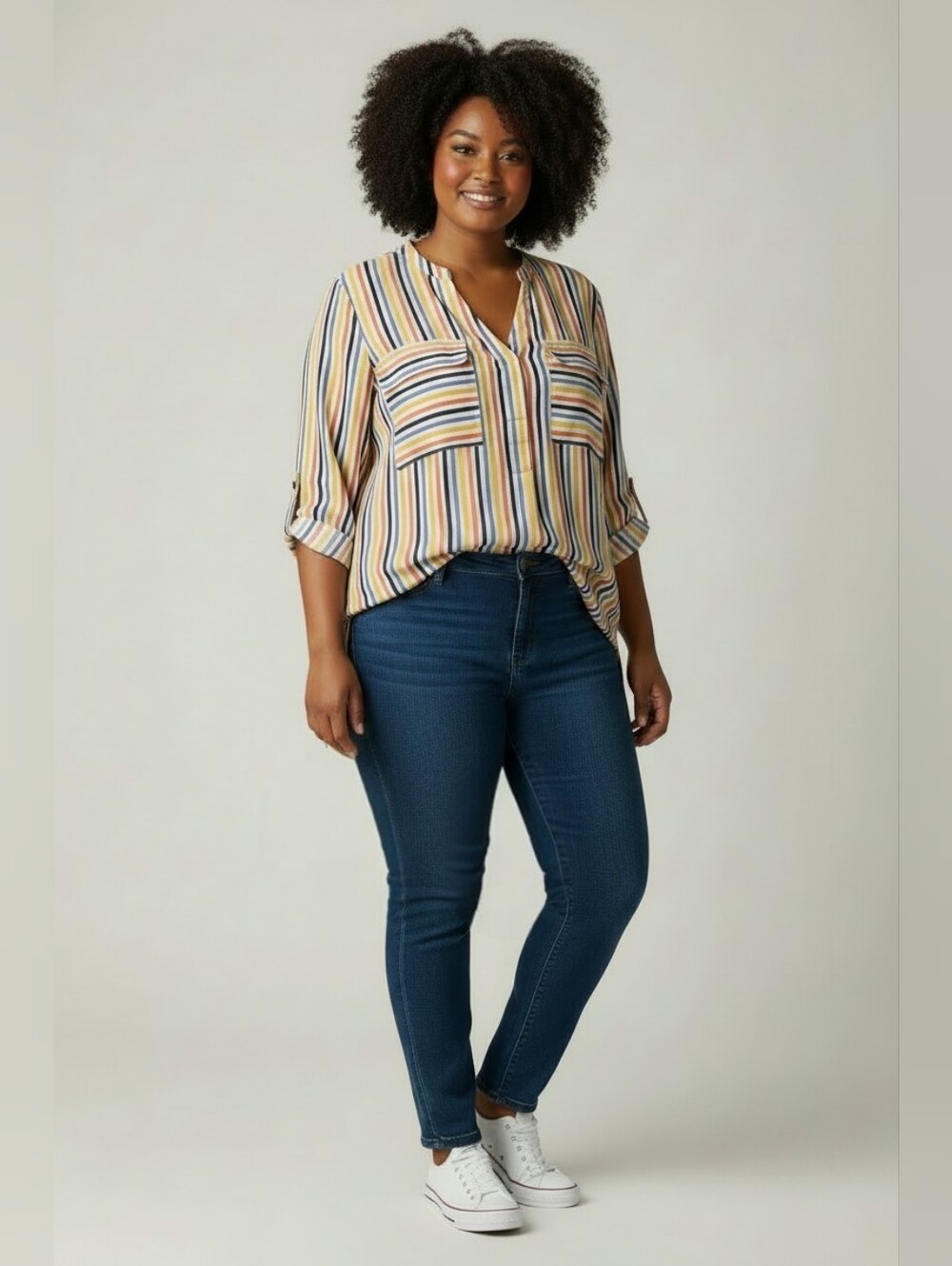 Striped Oversized V-Neck Roll-Sleeve Blouse SZ XL